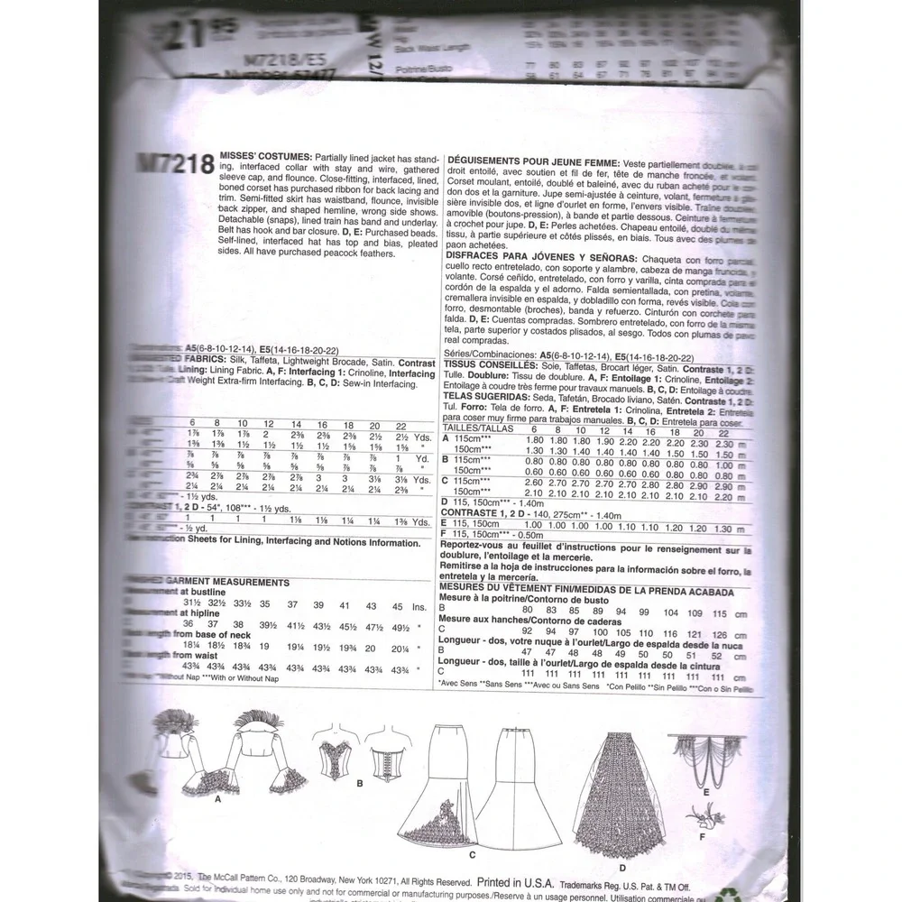 McCalls M7218 Yaya Han Original Peacock Costume Sewing Pattern Size E5 14-22